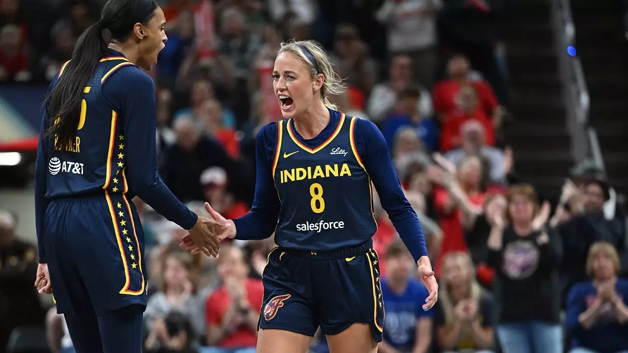 Indiana Fever guard Sophie Cunningham reacts on court during WNBA game