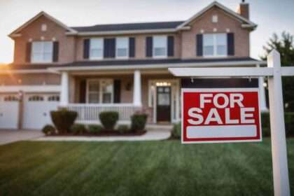 Suburban home with For Sale sign in front yard
