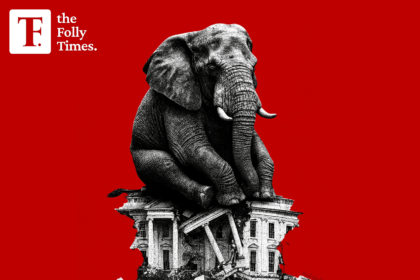 Elephant sitting on the ruins of the White House, symbolizing a collapsing government under GOP mismanagement.