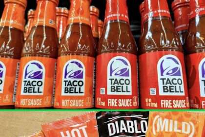 Bottled Taco Bell hot sauce and individual sauce packets displayed side by side