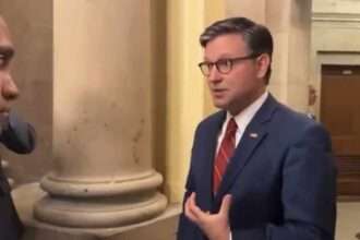 Speaker Mike Johnson speaking to reporters at the U.S. Capitol