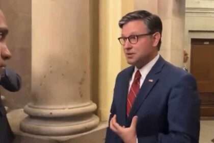 Speaker Mike Johnson speaking to reporters at the U.S. Capitol