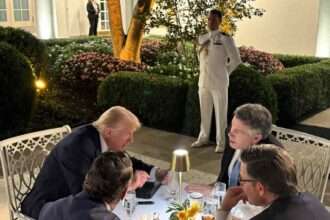 Donald Trump dining with Speaker Mike Johnson and lawmakers at Rose Garden dinner