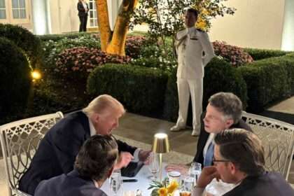 Donald Trump dining with Speaker Mike Johnson and lawmakers at Rose Garden dinner