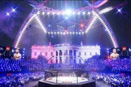 Rendered image of UFC Octagon on White House South Lawn with crowd and lights