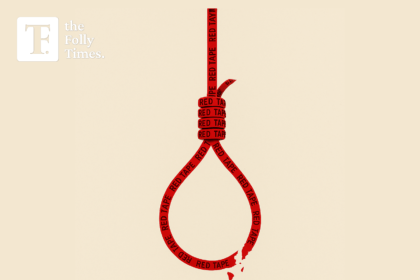 Illustration of a red tape noose breaking apart, symbolizing the collapse of bureaucracy.