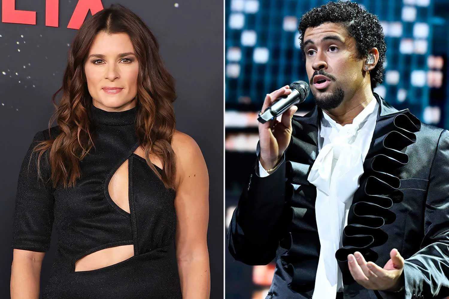 Danica Patrick and Bad Bunny in split image, each posing for cameras