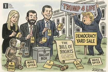 Political cartoon depicting Donald Trump and his family hosting a yard sale on the White House lawn, selling symbols of American democracy.