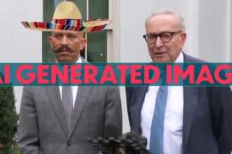 Hakeem Jeffries and Chuck Schumer speaking outside while Jeffries wears a sombrero and mustache