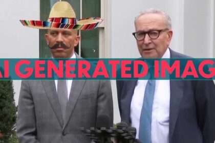 Hakeem Jeffries and Chuck Schumer speaking outside while Jeffries wears a sombrero and mustache
