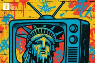 Pop art image of the Statue of Liberty melting inside a vintage television with dollar signs and hashtags