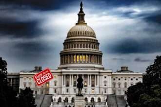 U.S. Capitol building with a “Sorry We’re Closed” sign during government shutdown