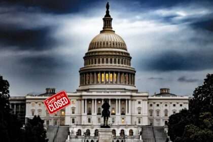 U.S. Capitol building with a “Sorry We’re Closed” sign during government shutdown