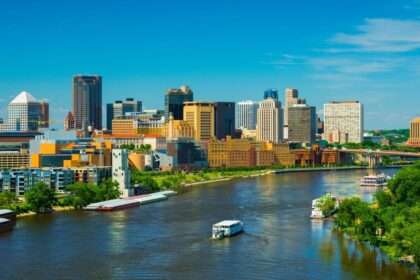 Minneapolis skyline along the river on a clear day.